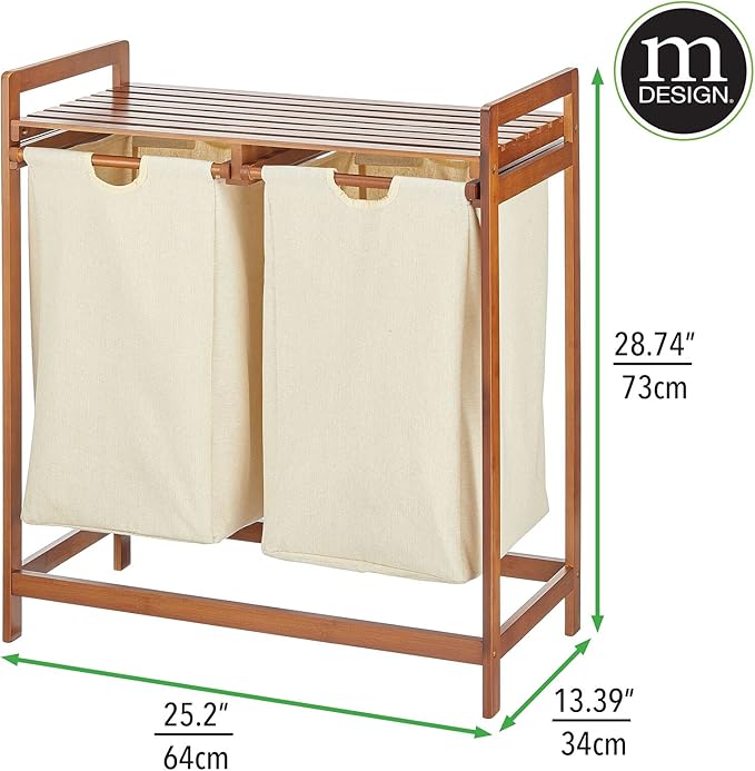 mDesign Freestanding Bamboo 2 Section Double Laundry Organizer Hamper with Removable Storage Sorter Bags, Space-Saving Basket Duo with Handles for Clothes/Linens - Echo Collection - Vintage