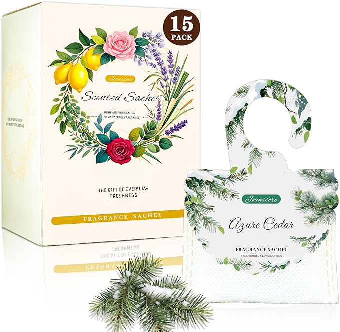 15 Packs Scented Sachets Bag for Drawers and Closets, Air Freshener for Home Fragrance Sachet, Long-Lasting Hanging Closet Deodorizer Smell Goods for House (Azure Cedar)