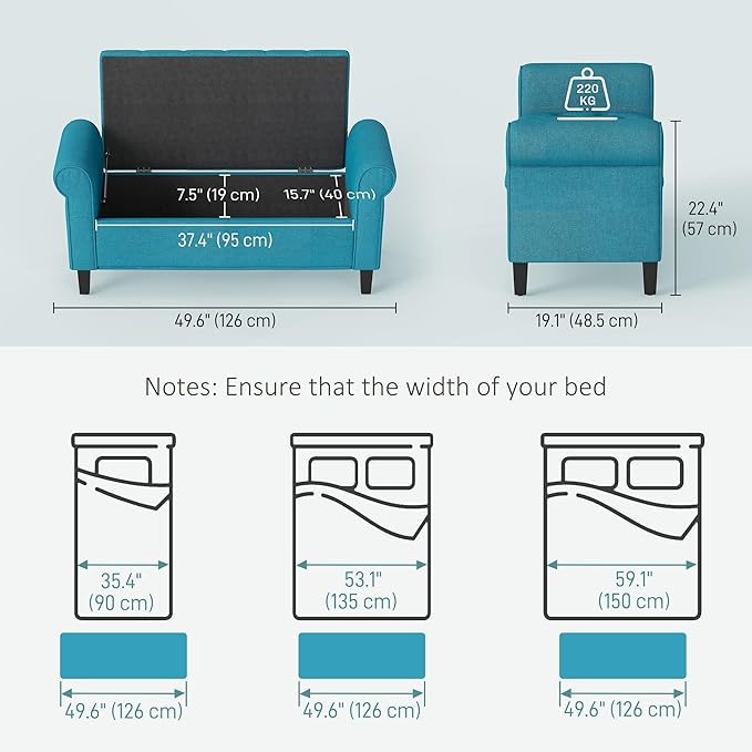 HOMCOM 50" Storage Ottoman Bench, Upholstered End of Bed Bench with Rolled Arms, Wood Legs, Button Tufted Storage Bench with Safety Hinges for Living Room, Entryway, Bedroom, Teal