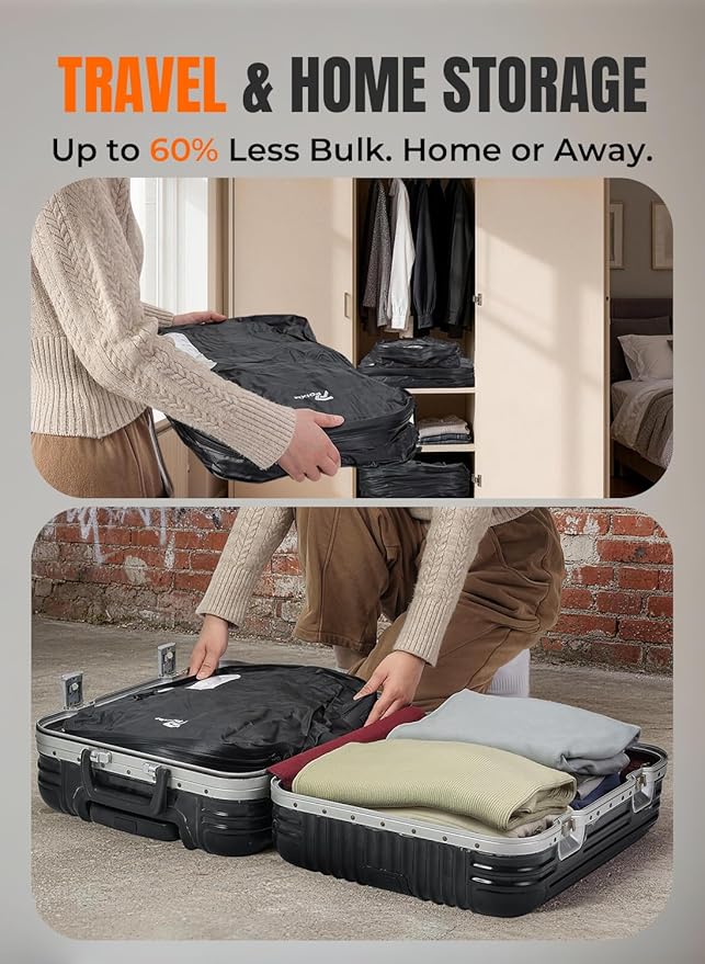 Vacuum Bags for Travel with Wireless Pump, 180° Open Zipper, IP67 Waterproof, Reusable Space Saver Compression Bags for Backpack, Suitcase, Home Storage(3 Pack + Pump)
