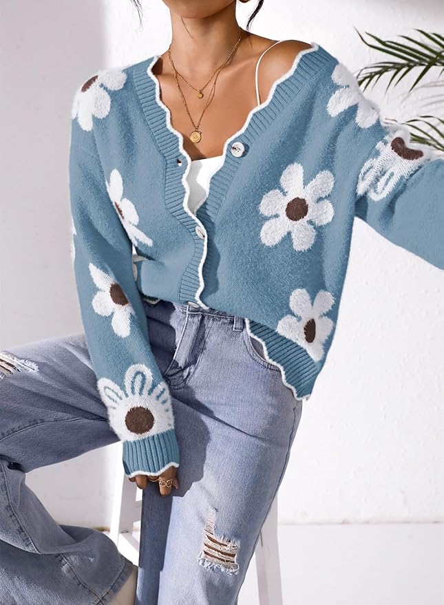 Pink Queen Fuzzy Sweater Cardigan for Women 2025 Fashion Long Sleeve Flower Outerwear Button Down Open Front Cardigan Coat