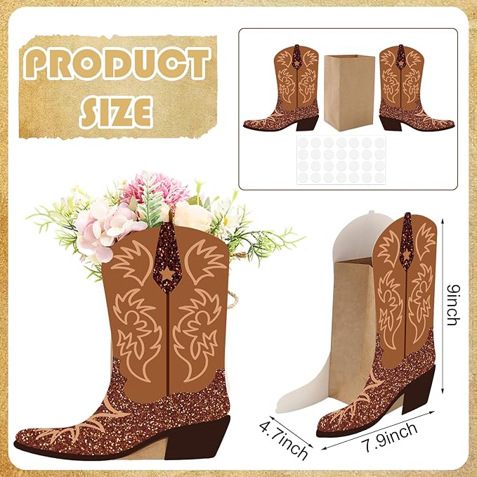 16Pcs Western Cowboy Boots Flower Boxes Centerpiece Brown Boots Shape Box Decorations Western Cowboy Boot Vase Paper Box for Wild West Rodeo Birthday Baby Shower Decoration