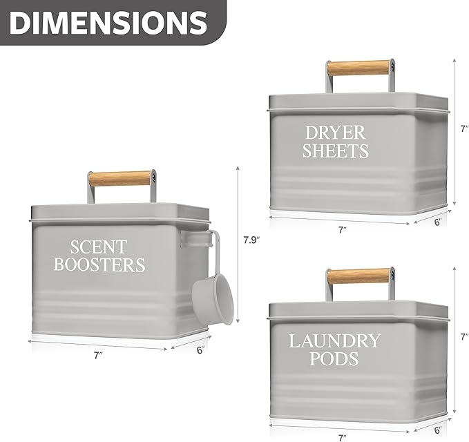 Calindiana Modern Farmhouse Laundry Scent Boosters Container, Dryer Sheets Holder and Laundry Pods Holder Bundle for Laundry Room Organization and Storage, Laundry Room Decor