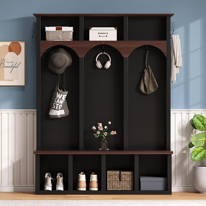 Farmhouse 59" Wide Hall Tree with 5 Black Hooks and Arched Design, Wood Grain Bench with Open Compartments, 4-in-1 Hallway Shoe Cabinet for Mudroom, Living Room (Black-9.9)