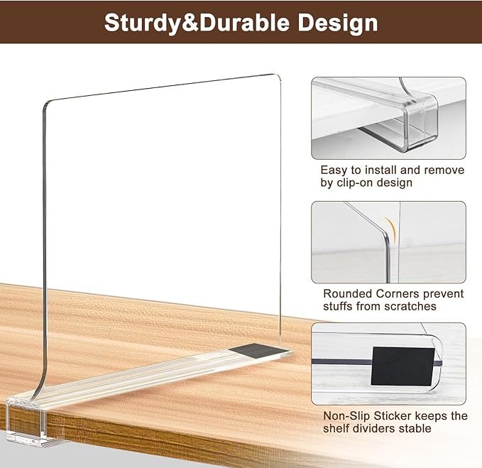 10 Pack Shelf Dividers, Adjustable Shelf Dividers for Closet Organization with Non-Slip Design, Clear Acrylic Shelf Dividers for Clothes, Handbags, Purses, Towels, Bookshelf in Home Organization