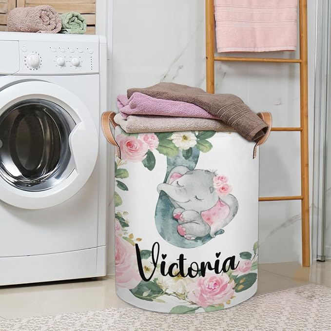 Personalized Laundry Basket, Custom Gift Laundry Hamper, Collapsible Nursery Waterproof Laundry Baskets, Dirty Clothes Toy Hamper with Handles Floral Sleeping Elephant
