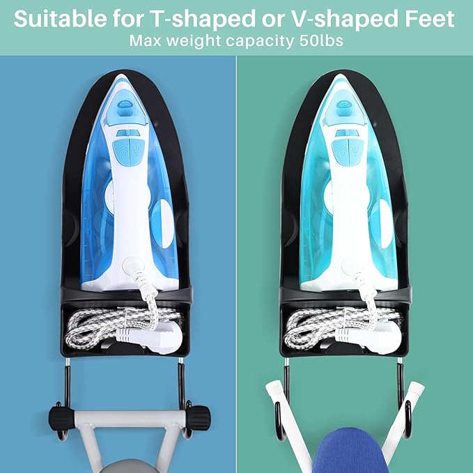 Ironing Board Hanger Wall Mount, Iron Hanger with Ironing Board Rack, Heat Resistant Iron Holder Wall Mount for Max 5 Inch Width (Black)