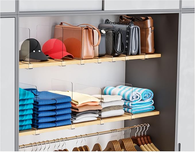 Yieach 10 Pack Towel,Sweater,Purse Organizer and Acrylic Shelf Dividers for Closet Organization - Adjustable Height - Vertical Shelf Separators for T Shirt,Clear Closet Shelf Divider for Wood Shelves