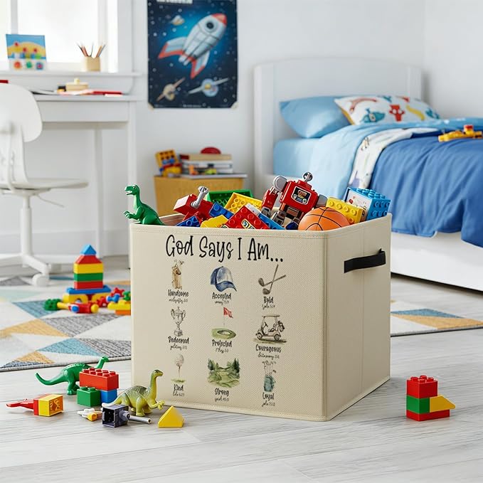 Christian Golf Storage Bin Box with Handles, God Says I Am Bible Verse Golf Foldable Baskets Organizer for Kids Room Nursery Bedroom Bathroom Clothes Toys Books, Toybox for Boys