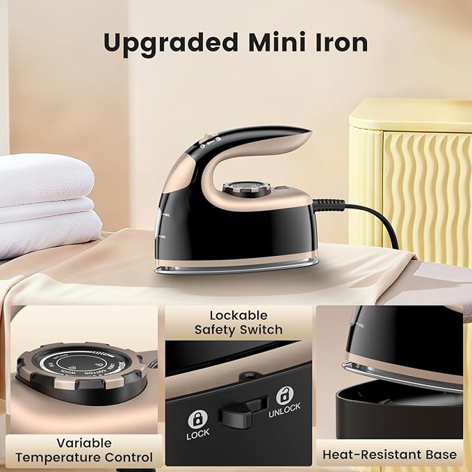 MIYOKO Mini Steam Iron for Clothes, 1000W Portable Small Iron, with Non-Stick Soleplate, 25G/Min High Speed Steams, 90ML Water Tank, 110-120V for Home Travel Sewing and Quilting, Black & Gold