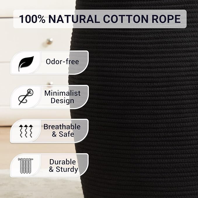 Cotton Rope Laundry Hamper Basket, 65L Woven Large Laundry Basket, Tall Dirty Clothes Hamper for Storage Blankets, Toys in Bedroom, Living Room Organizing-Collapsible-Black