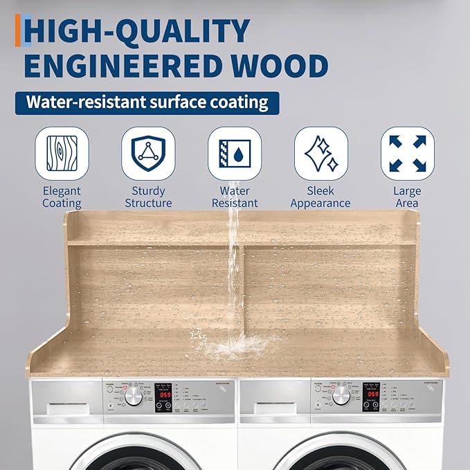 2-Tier Washer Dryer Countertop, 54" W x 27.55" D Laundry Countertop Organization with Non-Slip Pad, Wooden Washer and Dryer Topper for Folding Clothes, Laundry Room Storage