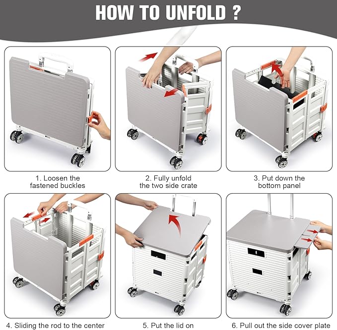 FELICON SELORSS Folding Utility Cart Portable Rolling Crate Handcart with Magnetic Sliding Lid Telescoping Handle Plastic Box Dolly 360°Swivel Wheels for Travel Shop Move Office Teacher(White Pro)