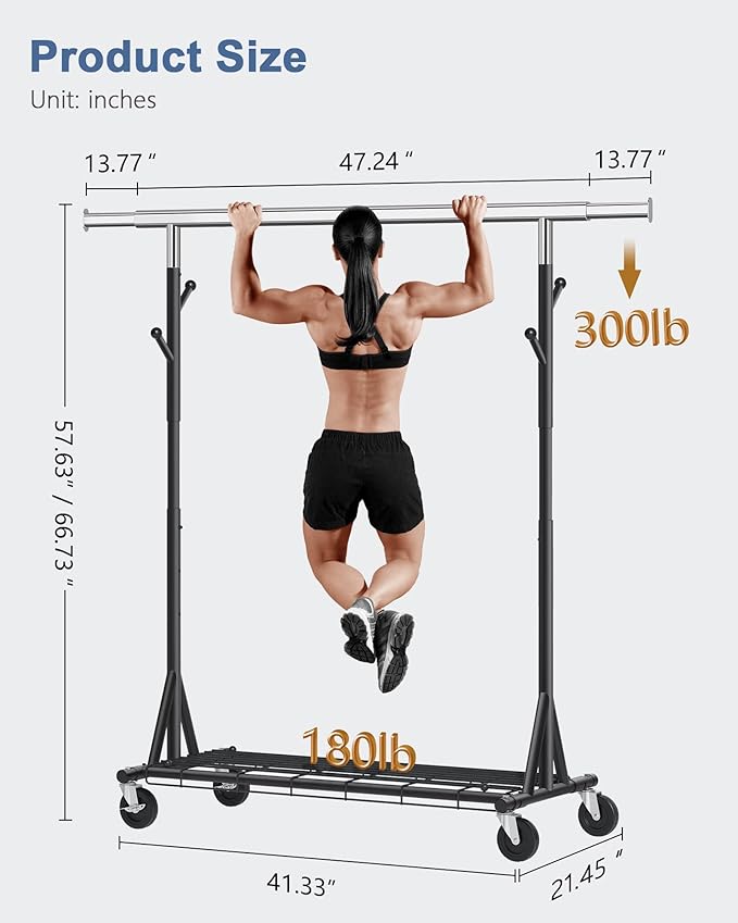 Hoctieon 1-Minute Assembly Clothes Rack, 480 lbs Heavy Duty Rolling Clothing Racks with Wheels, Foldable Garment Rack, Extendable Hanging Bar, Adjustable Metal Pole with Hooks, Black