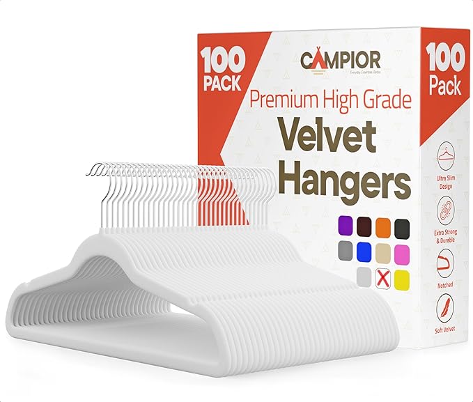 White Velvet Hangers 100 Pack – 360° Swivel Hook, Non-Slip and Space Saving Hangers, Heavy-Duty 11 lbs Weight Capacity - Smooth Velvet Finish for Crease-Free Clothes and Effortless Closet Organization