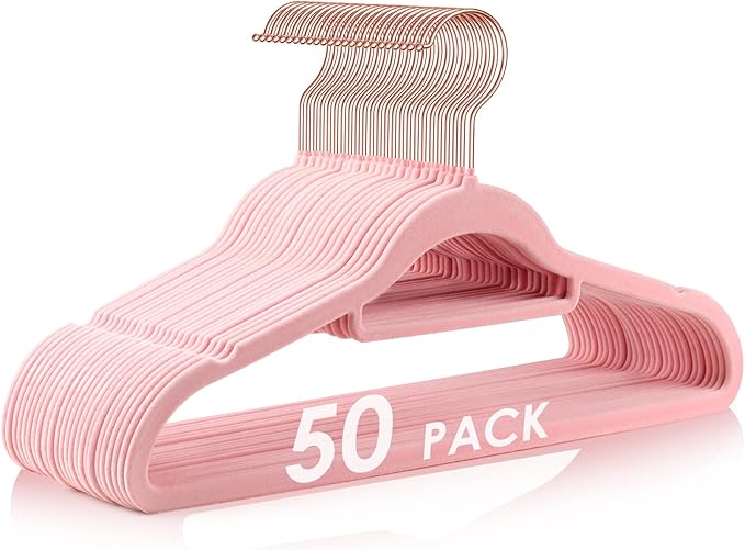 50pcs Pink Velvet Hangers + 6pcs Black Pants Clothes Hangers
