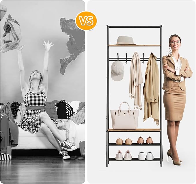 Coat Rack Shoe Bench with Single-Row 5 Hooks 60cm Width, 3-Tier Shelf Entryway Hall Tree with Storage, Metal Frame Multifunctional Organizer, 4-in-1 Coat Rack for Bathroom, Hallway.Grey.