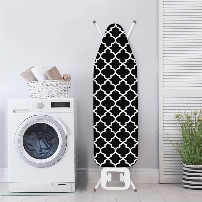 Black & White Moroccan Lattice Durable Iron Board Cover Non Stick Scorch Easy-Fit Ironing Board Cover Standard Size with Elastic Edge and Hook & Loop Fastener Strap