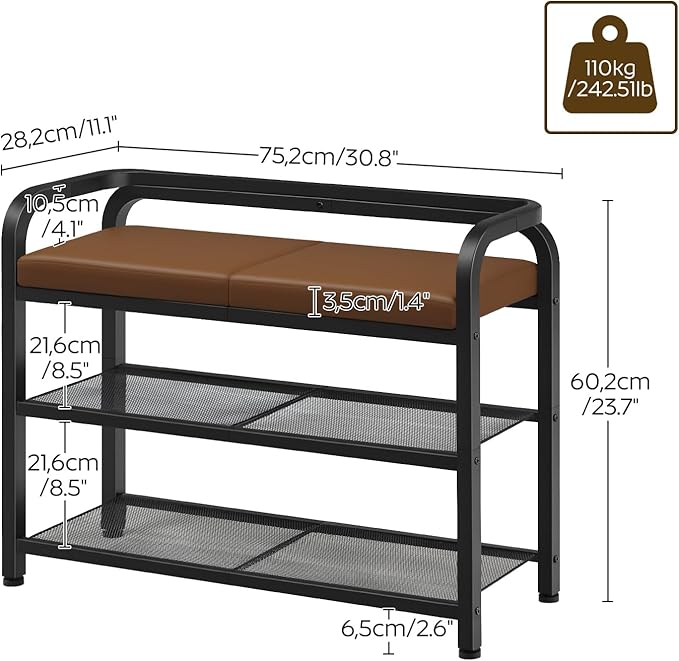 Shoe Bench with Backrest, Entryway Bench, 2-Tier Shoe Rack with PU Padded Seat, Upholstered Shoe Storage Bench with Back, for Hallway, Entryway, Foyer, Bedroom, Brown and Black HX04BV