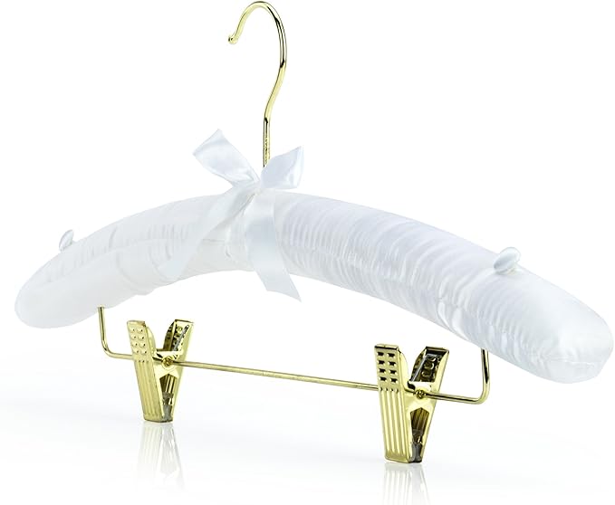 HANGERWORLD Pack of 5 White Satin Padded Hangers with Clips for Skirts, Pants & Sweaters with Non-Slip Buttons, Pretty Hanger for Women Clothing - 17 Inch