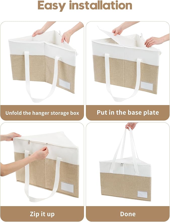 Beveetio 2-Pack Rigid Hanger Organizer Bags with Lid, Triangle Hanger Storage Organizers for Closet, Laundry Room, Wardrobe, Drying Rack, Dustproof Space Saving Holder, Beige & White