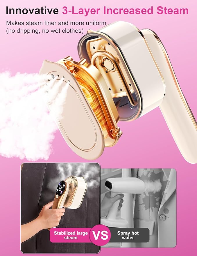 Travel Steamer for Clothes, 1200W Portable Handheld Steamer for Clothes, Portable Steam with LCD Display, 10s Fast Heat-Up, 2-in-1 Powerful Wrinkle Remover for Home & Travel (Yellow)