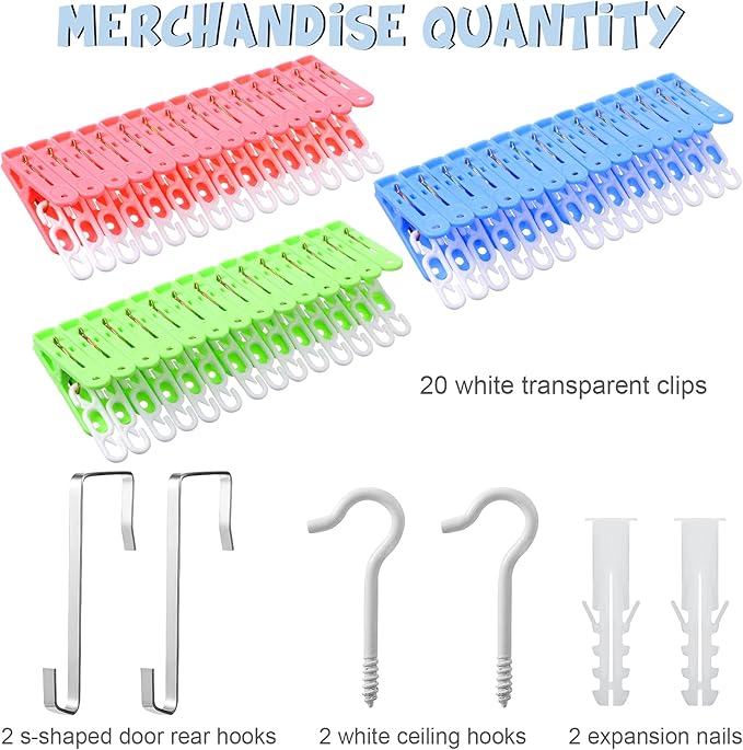 Hotop 2 Pcs Stuffed Animals Storage Chain Hanging Stuffed Animal Organizer with 40 Plastic Clips 79 Inch with Hooks for Wall Bedroom Hanging Hat Socks Holiday Card(Multicolored Clip)