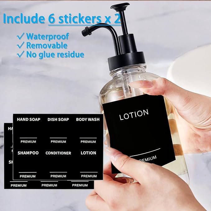 Dish Soap Dispenser for Kitchen, Hand Glass Soap Dispenser Set with Pump, Tray, Funnel for Bathroom, Shower, Laundry, Liquid, Lotion (Black 2 Pack 18 Oz Clear Bottles with 12 Stickers)