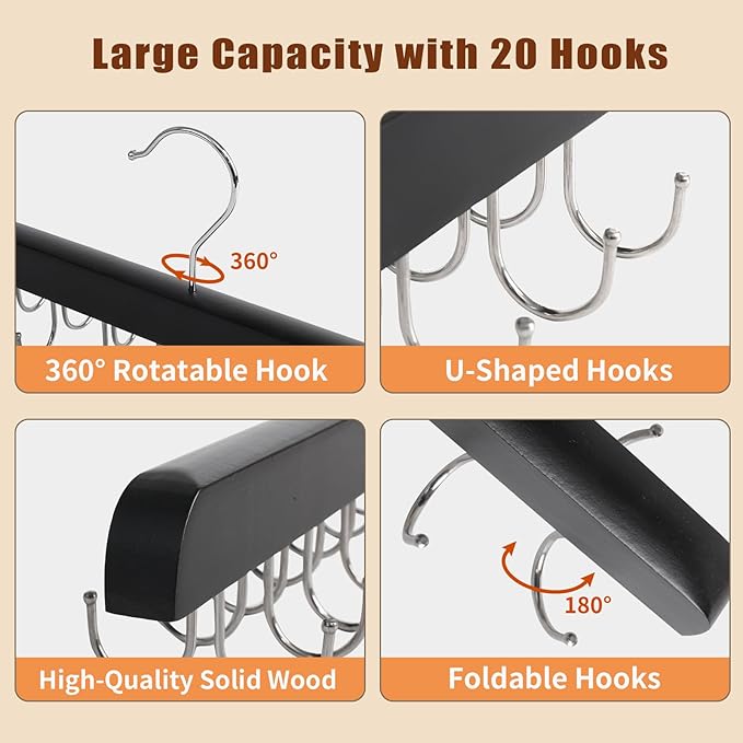 Bra Hanger for Closet Organizer, Wooden Tank Top Hangers with 20 Foldable Hooks, 360° Rotating Design, Space Saving Storage for Tank Tops, Bras, Scarves, Belts, Ties etc (1, Black)