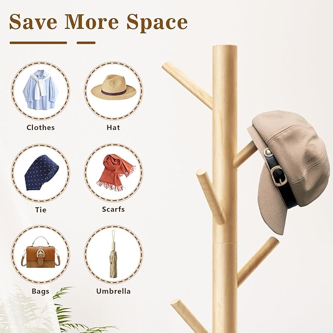 Wooden Coat Rack Freestanding with 8 Hooks,Easy Assembly New Zealand Pine Tree Coat Racks, 3 Adjustable Sizes for Clothes, Hats, Bags, for Entryway, Hallway, Bedroom, Office (Natural, 2PCS)
