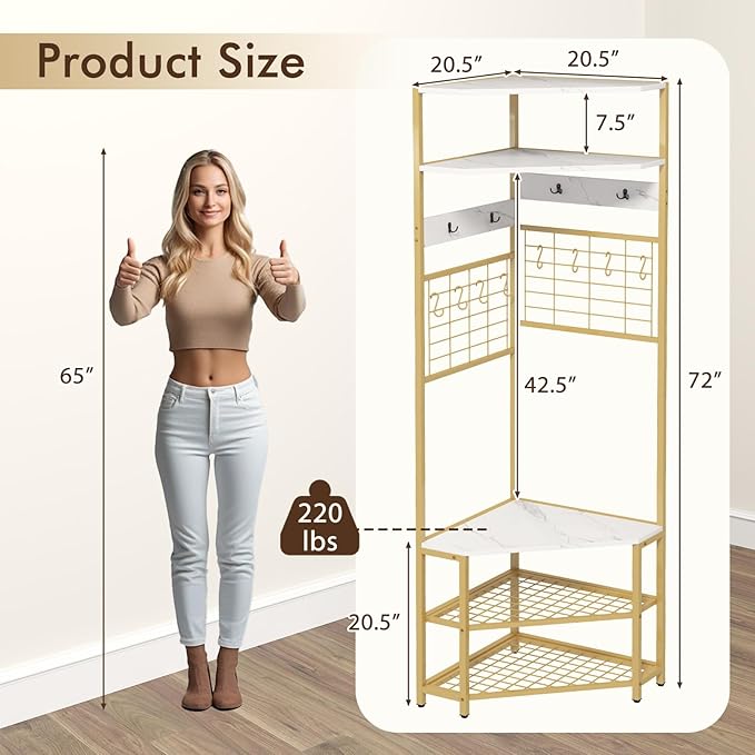 Giantex Corner Hall Tree, 73" Tall Coat Rack w/Shoe Storage Bench, 12 Metal Hooks, 5-Tier Entryway Shoes Shelf Organizer, Freestanding Clothes Rack for Living Room, Bedroom (White & Gold)