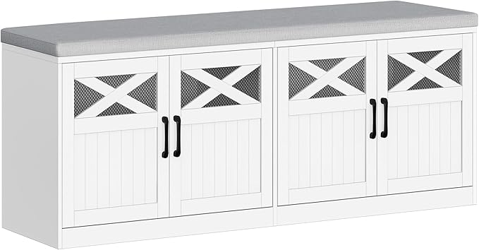 2 Tier Shoe Storage Bench with Doors, 47.2" Farmhouse Shoe Bench with Padded Cushion, 12 Pairs of Bed End Bench, Entryway Bench with Storage for Bedroom, Living Room, White SB61203X
