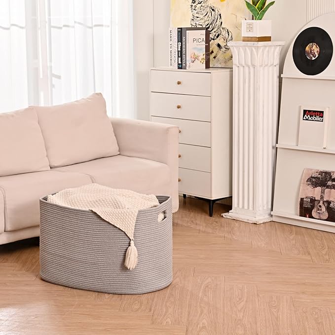 Large Grey Storage Basket, Blanket Baskets for Living Room, Large Toy Basket for Storage, Woven Cotton Rope Baskets for Blankets, Clothes, Shoes, Books, Grey, 25”x16”x16” (105L)