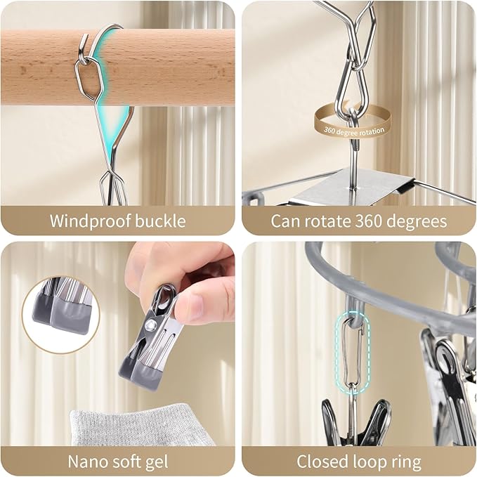 PHYDELU 2PCS Drying Rack Clothing with 24 Clips，Sock Hanger for Drying，Hanging Clothes Dryer Underwear Hangers Racks Laundry Socks Panty Wet Bra Lingerie Baby Delicates Foldable Small Indoor Metal