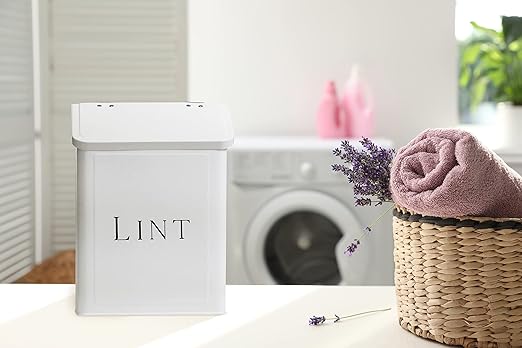 Magnetic Lint Bin for Laundry Room, 2.5L Space-Saving Laundry Trash Can, Wall Mounted or Freestanding Dryer Lint Holder, White Farmhouse Design