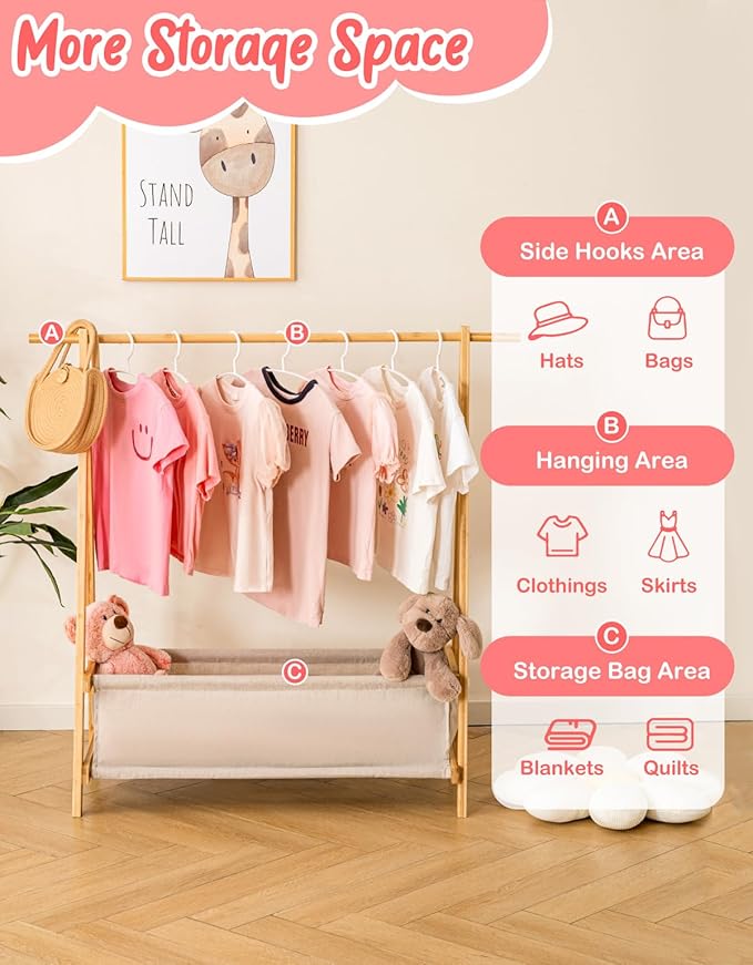 Kids Clothing Rack with Storage Box, Kids Dress Up Rack, Dance Costume Garment Rack for Hanging Clothes,Garment Rack for Hanging Clothes Organizer, Bamboo (Natural)