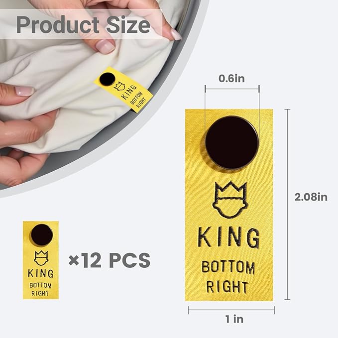 SheetSnaps King Size Bed Sheet Labels – 12-Pack Yellow Snap-On Sheet Tags – Easy Sheet Orientation for King Bedding – Washable, Durable, Size Identifiers for Linen Closet Organization