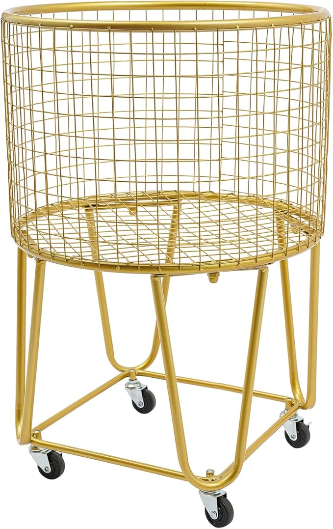 Rolling Laundry Basket Cart, Metal Laundry Hamper with Wheels, Laundry Organizer Basket Cart, Clothes Storage Organizer Hamper for Living Room,Bathroom,Closet (Gold, Round)