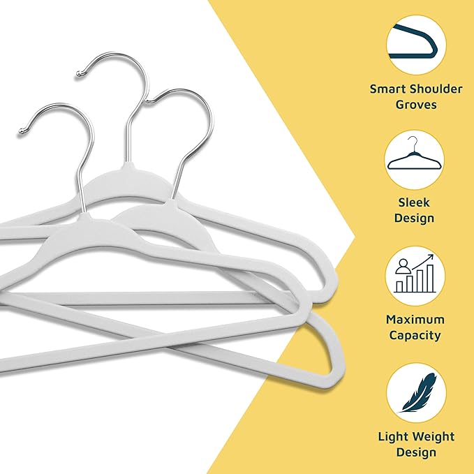White Velvet Kids Hangers 50 Pack, 10.83" Non-Slip Baby & Toddler Hangers for Clothes, Space-Saving Slim ABS Plastic with 360° Swivel Hook & Notched Shoulders, Up to 10 lb Capacity