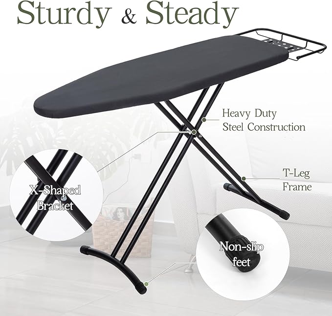 Heavy Duty Full Size Ironing Board 48"x15", BlissBoard Foldable Iron Board with Adjustable Height, Steel Frame, Thick Pad and Heat-Resistant Cover, Black