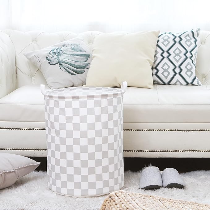 Sea Team 19.7 Inches Large Sized Waterproof Coating Ramie Cotton Fabric Folding Laundry Hamper Bucket Cylindric Burlap Canvas Storage Basket with Stylish Grid Grey Design