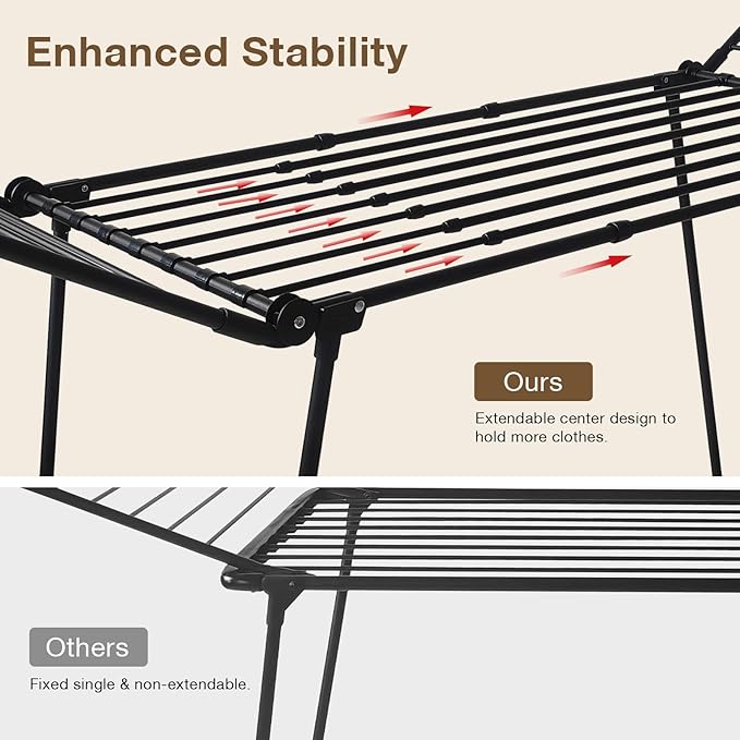 Expandable Clothes Drying Rack, Gullwing Laundry Drying Rack, Space-Saving, Towels, Linens, Indoor, Outdoor Black