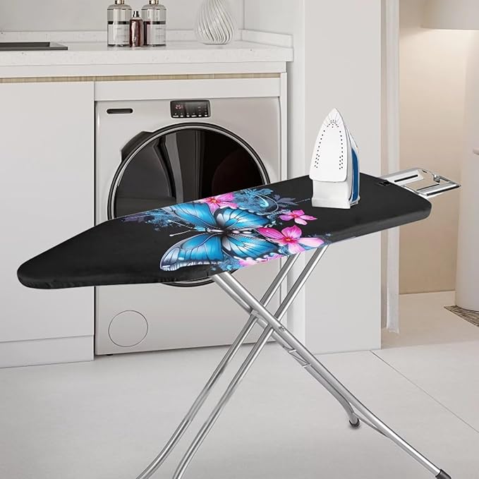 Blue Floral Butterfly Ironing Board Cover Scorch Resistant, Extra Thick Covers with Elastic Edge, Cord Lock, Hook and Loop Fasteners, Iron Board Cover for Standard Boards