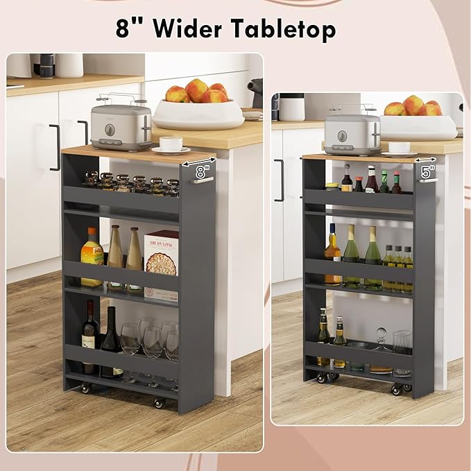 LOKO 4-Tier Rolling Storage Cart, 8 Inches Slim Kitchen Cart on Wheels with Open Shelves & Handle, Laundry Room Cart Between Washer and Dryer, for Narrow Space Bathroom Next to Fridge (Grey & Natural)