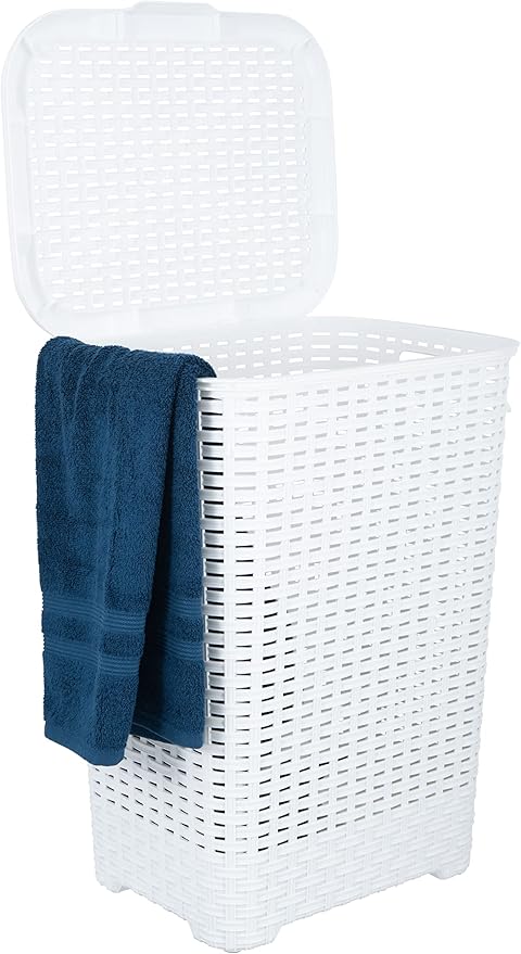 Plastic Laundry Hamper with Lid, Designed Laundry Hamper Basket, Beige Tall Cloths Hamper Organizer with Cut-out Handles. Space Saving for Laundry Room Bedroom Bathroom, Wicker Design 60 Liter