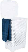 Plastic Laundry Hamper with Lid, Designed Laundry Hamper Basket, Beige Tall Cloths Hamper Organizer with Cut-out Handles. Space Saving for Laundry Room Bedroom Bathroom, Wicker Design 60 Liter