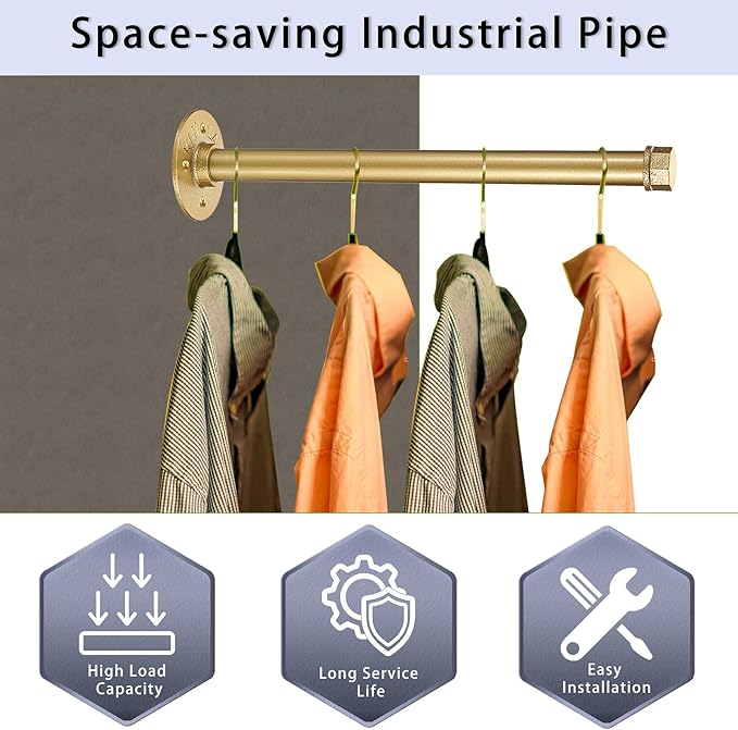 Sumnacon 2 Pcs 14 Inch Industrial Pipe Clothes Bar - Heavy Duty Rustic Metal Coat Hanger with Screws,Wall-Mounted Garment Holder Rack for Bedroom Bathroom Wardrobe Boutique Clothing Store,Gold