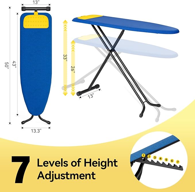 APEXCHASER Ironing Board Full Size, Iron Board with Silicon Rest, Foldable Ironing Boards Standard Size, Heavy Duty Iron Stand Boads, Ironing Table with 7 Height Adjustable Anti-Slip Feet, 13x43 Blue
