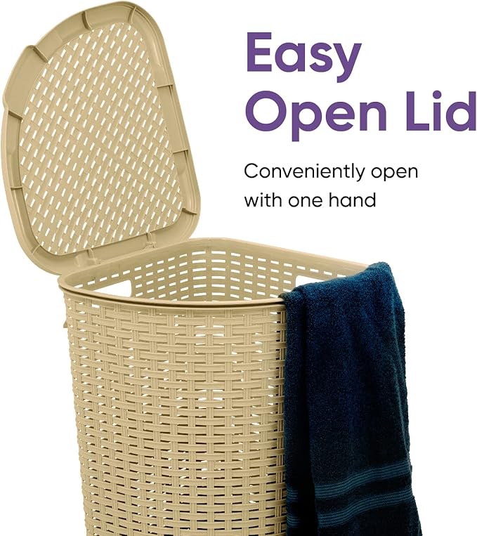 Plastic Corner Laundry Hamper with Lid, Curved Designed Laundry Basket, 2 Pack Triangle Beige Cloths Hamper Organizer with Cut-out Handles for Laundry Room Bedroom Bathroom, Wicker Design, 50 Liter