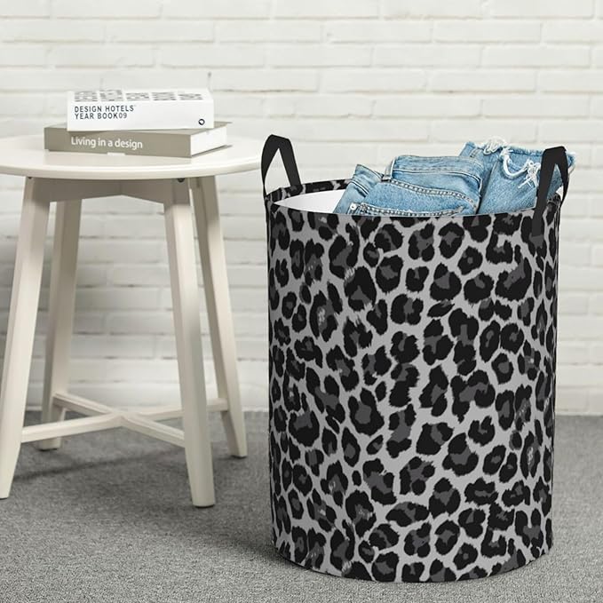 Grey Leopard Round Laundry Hamper Cheetah Gray Storage Basket Toys Clothes Organizer Bin For Home Bathroom Bedroom Dorm Nursery, 38l